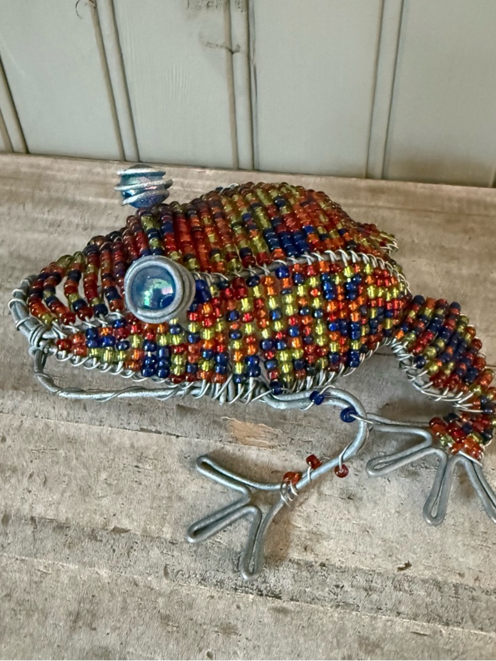Folk Art Blue Orange Yellow Glass Bead & Wire Frog Sculpture Figurine